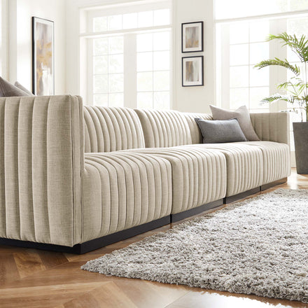 Conjure 4-Piece Channel Tufted Upholstered Fabric Sofa in Black Beige