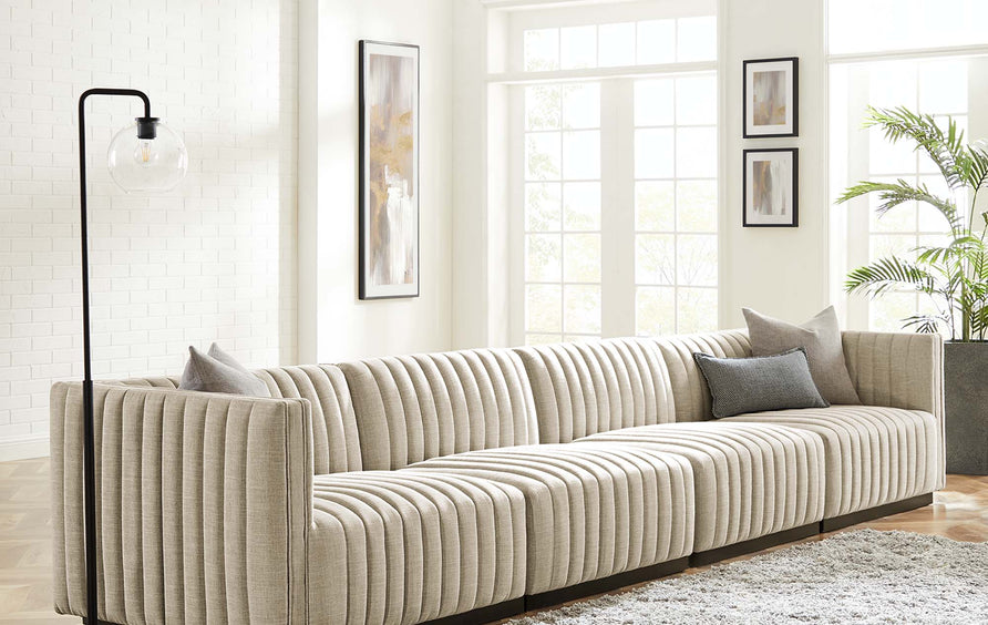 Olive 4-Piece Channel Tufted Upholstered Fabric Sofa in Black Beige