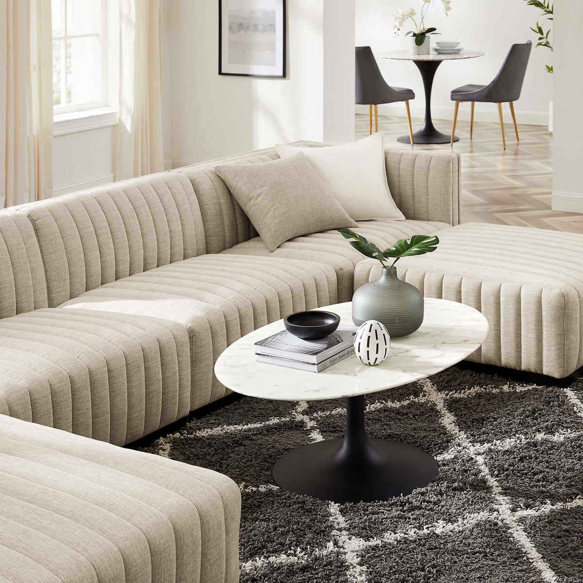 Conjure 6-Piece Channel Tufted Upholstered Fabric Sectional Sofa in Black Beige
