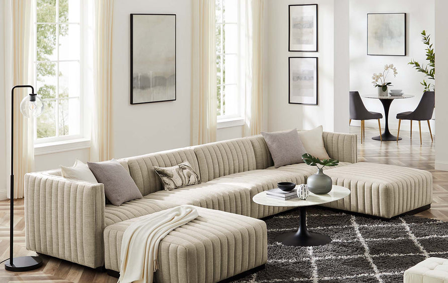 Olive 6-Piece Channel Tufted Upholstered Fabric Sectional Sofa in Black Beige