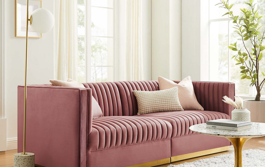 Soren Channel Tufted Performance Velvet Modular Sectional Sofa Loveseat in Dusty Rose