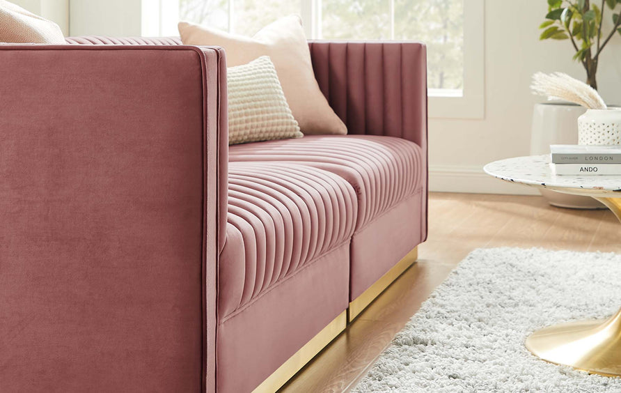 Soren Channel Tufted Performance Velvet Modular Sectional Sofa Loveseat in Dusty Rose