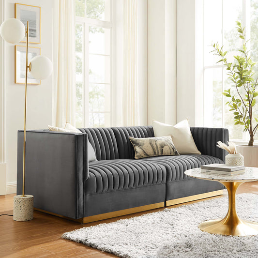 Sanguine Channel Tufted Performance Velvet Modular Sectional Sofa Loveseat by Furniture for America