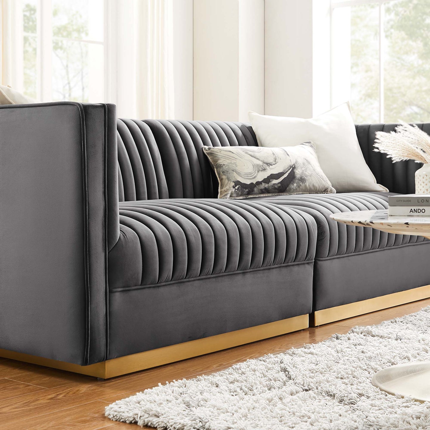 Sanguine Channel Tufted Performance Velvet Modular Sectional Sofa Loveseat by Furniture for America