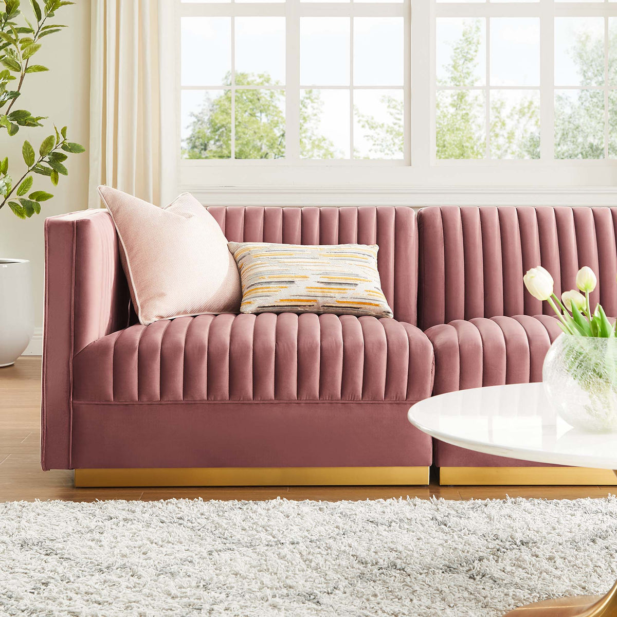 Sanguine Channel Tufted Performance Velvet 3-Seat Modular Sectional Sofa in Dusty Rose