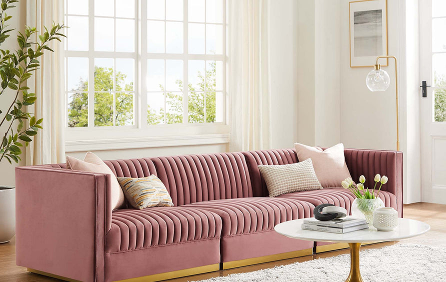 Soren Channel Tufted Performance Velvet 3-Seat Modular Sectional Sofa in Dusty Rose