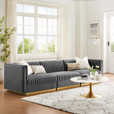 Sanguine Channel Tufted Performance Velvet 3-Seat Modular Sectional Sofa in Gray