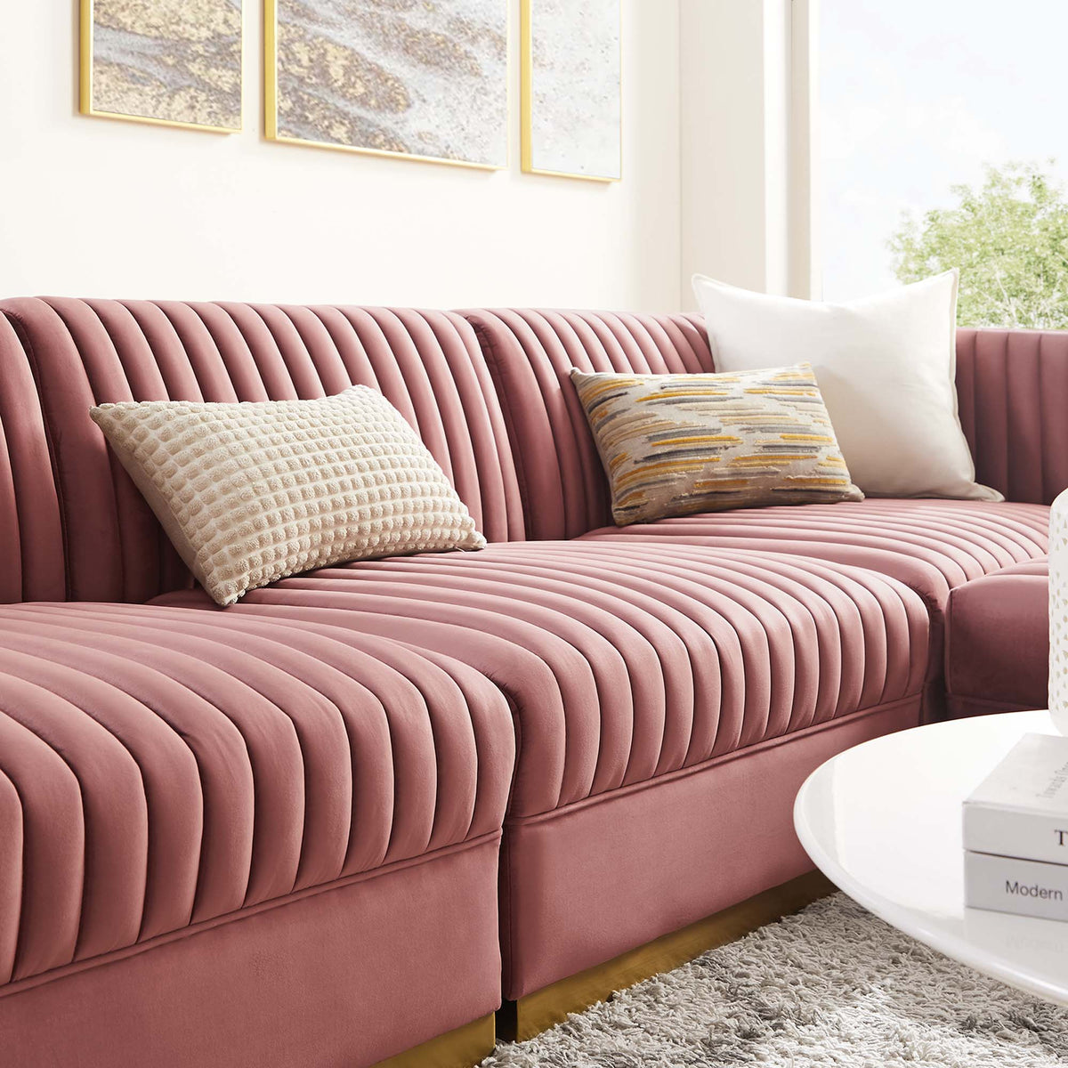 Sanguine 4-Piece Channel Tufted Performance Velvet Modular Sectional Sofa in Dusty Rose