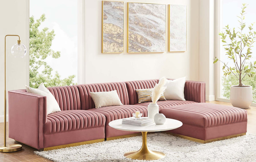 Soren 4-Piece Channel Tufted Performance Velvet Modular Sectional Sofa in Dusty Rose