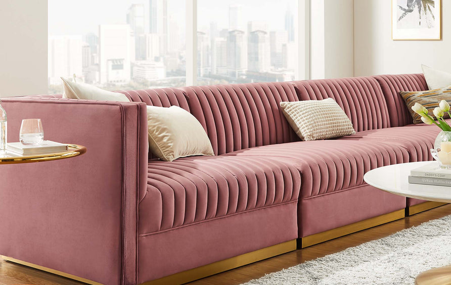 Soren Channel Tufted Performance Velvet 4-Seat Modular Sectional Sofa in Dusty Rose