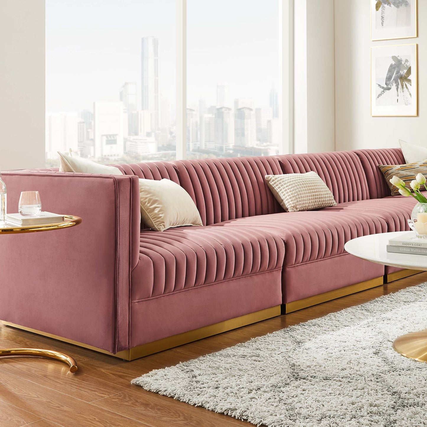 Sanguine Channel Tufted Performance Velvet 4-Seat Modular Sectional Sofa by Furniture for America