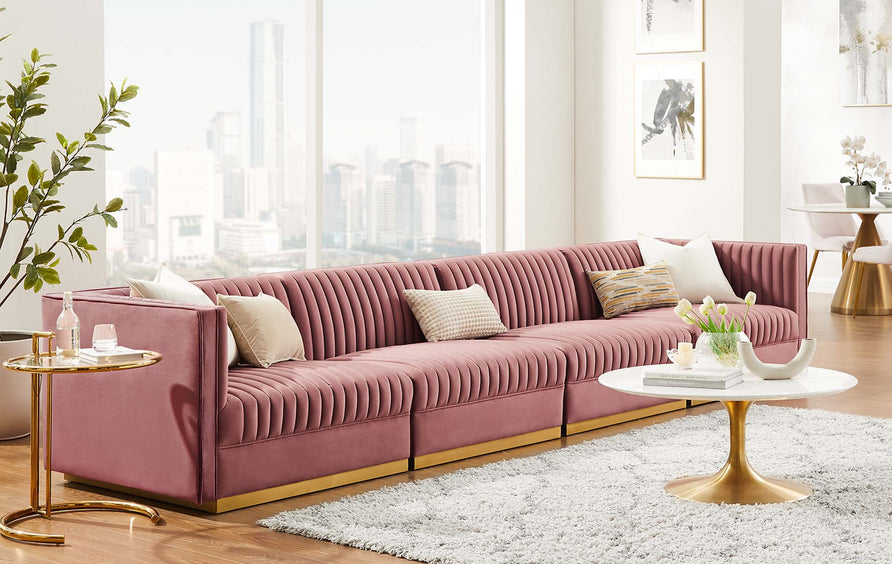 Soren Channel Tufted Performance Velvet 4-Seat Modular Sectional Sofa in Dusty Rose