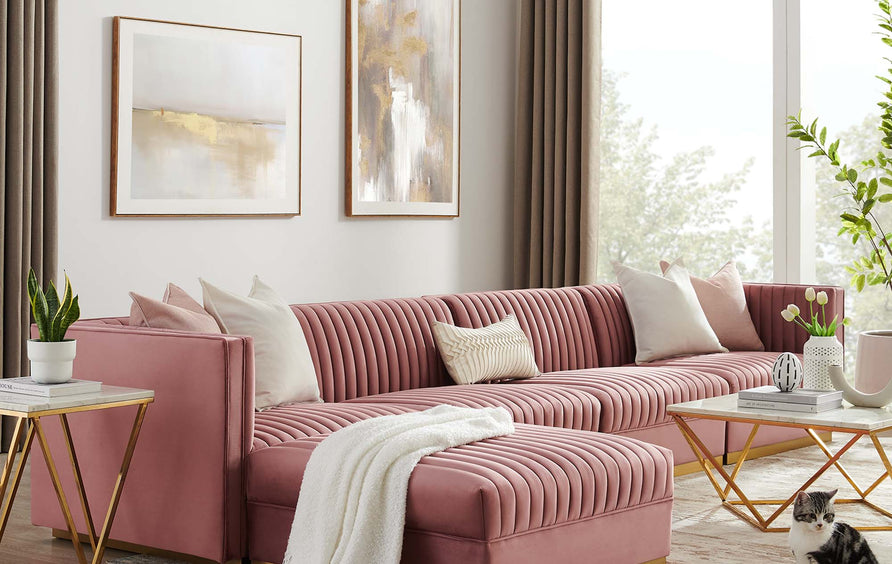 Soren 5-Piece Channel Tufted Performance Velvet Modular Sectional Sofa in Dusty Rose