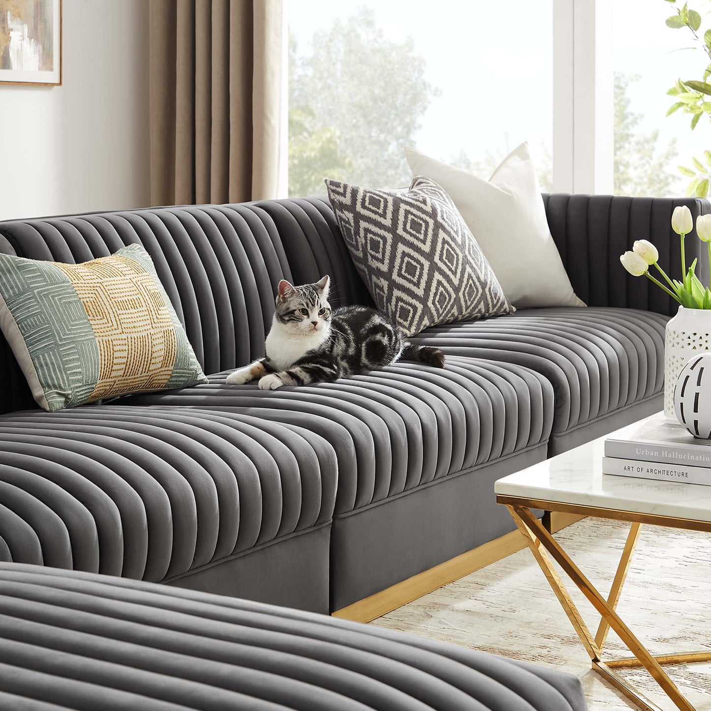 Sanguine 5-Piece Channel Tufted Performance Velvet Modular Sectional Sofa by Furniture for America