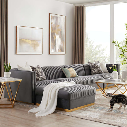 Sanguine 5-Piece Channel Tufted Performance Velvet Modular Sectional Sofa in Gray