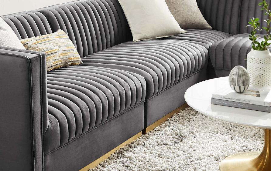 Soren 4-Piece Channel Tufted Performance Velvet Right-Facing Modular Sectional Sofa in Gray