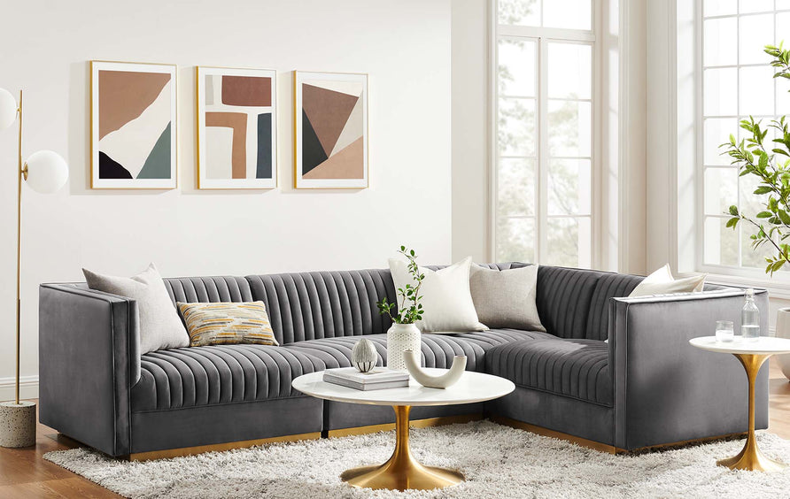 Soren 4-Piece Channel Tufted Performance Velvet Right-Facing Modular Sectional Sofa in Gray
