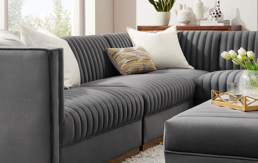 Soren 5-Piece Channel Tufted Performance Velvet Right-Facing Modular Sectional Sofa in Gray
