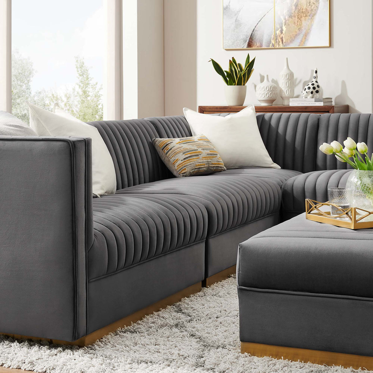 Sanguine 5-Piece Channel Tufted Performance Velvet Right-Facing Modular Sectional Sofa in Gray