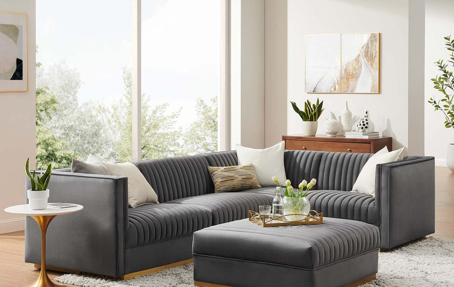 Soren 5-Piece Channel Tufted Performance Velvet Right-Facing Modular Sectional Sofa in Gray