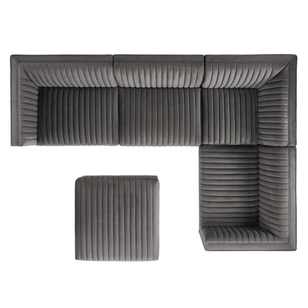 Sanguine 5-Piece Channel Tufted Performance Velvet Right-Facing Modular Sectional Sofa in Gray