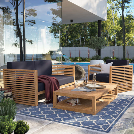 Carlsbad 3-Piece Teak Wood Outdoor Patio Set in Natural Navy