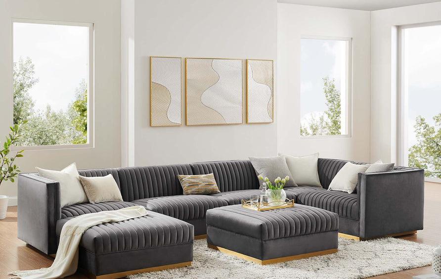 Soren 7-Piece Channel Tufted Performance Velvet Right-Facing Modular Sectional Sofa in Gray