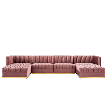 Sanguine 6-Piece Channel Tufted Performance Velvet Modular Sectional Sofa in Dusty Rose