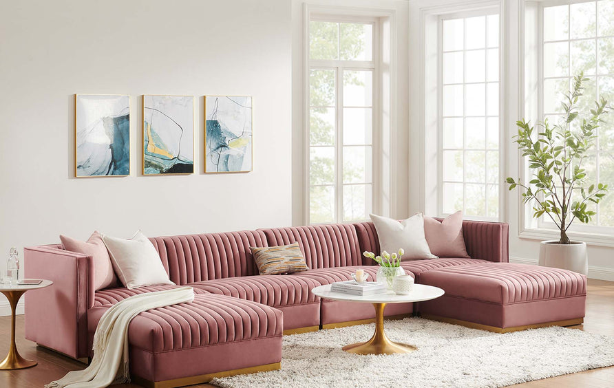 Soren 6-Piece Channel Tufted Performance Velvet Modular Sectional Sofa in Dusty Rose