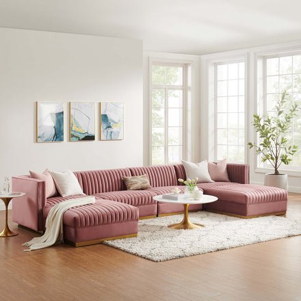 Sanguine 6-Piece Channel Tufted Performance Velvet Modular Sectional Sofa in Dusty Rose