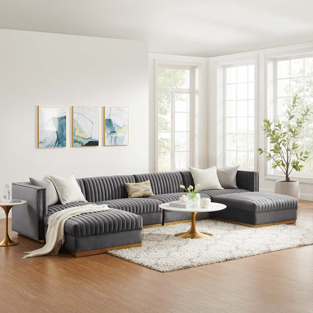 Sanguine 6-Piece Channel Tufted Performance Velvet Modular Sectional Sofa in Gray