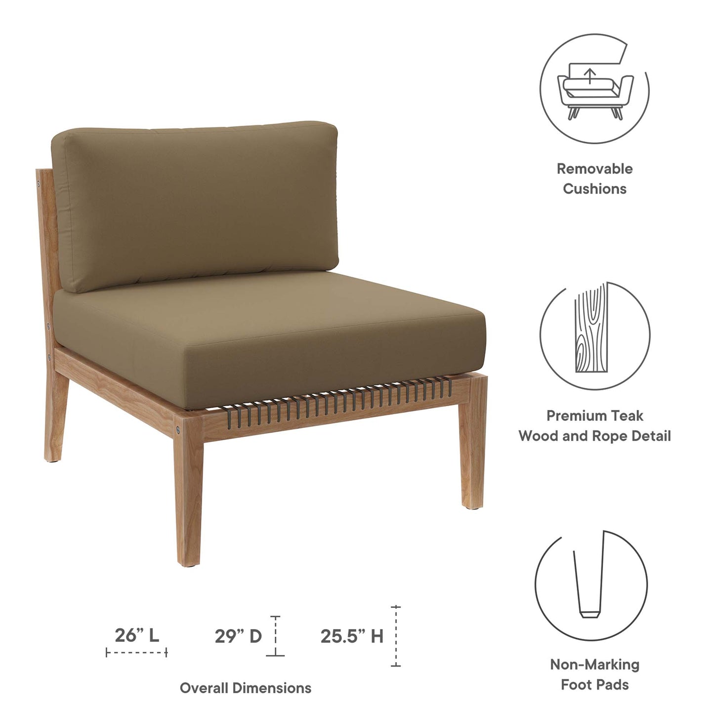 Vesper Outdoor Patio Teak Wood Armless Chair in Gray Light Brown