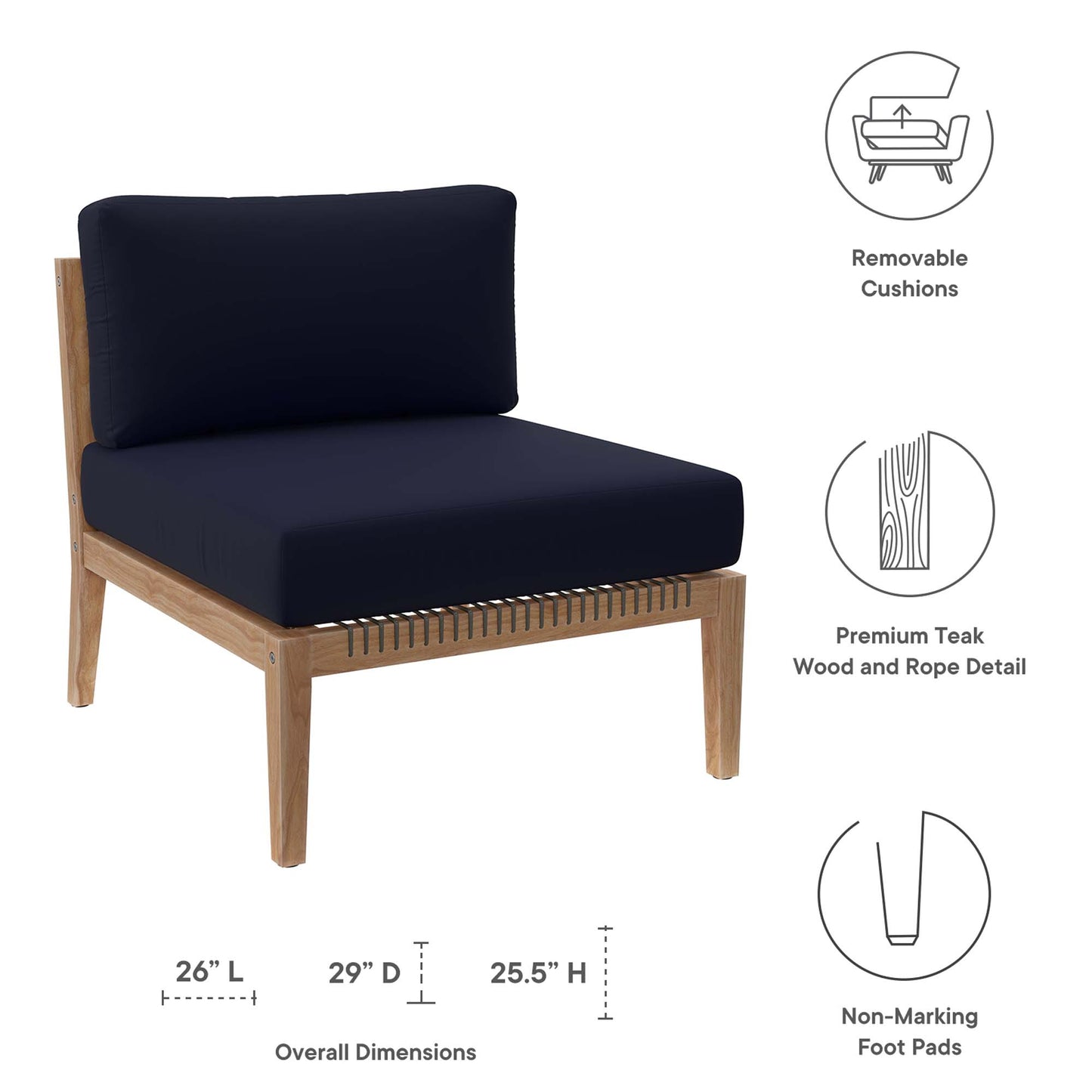 Vesper Outdoor Patio Teak Wood Armless Chair in Gray Navy