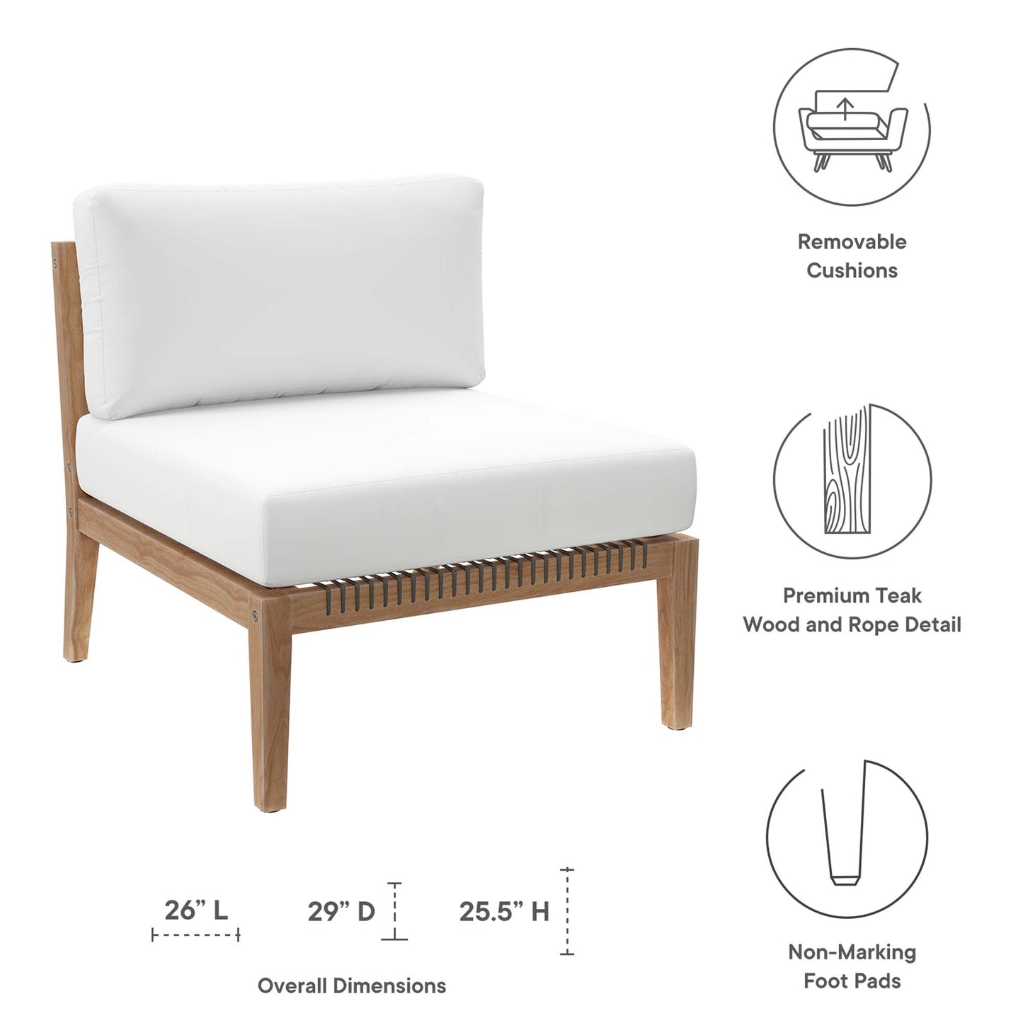 Vesper Outdoor Patio Teak Wood Armless Chair in Gray White