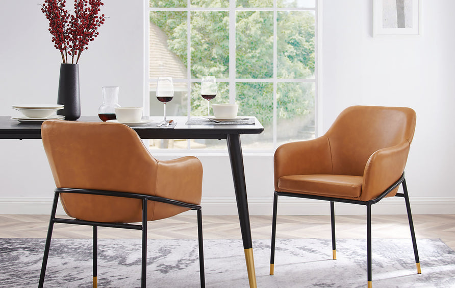 Zane Vegan Leather Dining Chair Set of 2 in Black Tan