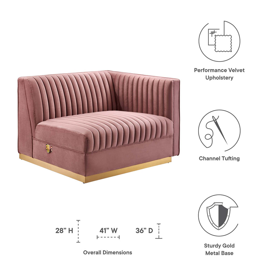 Soren Channel Tufted Performance Velvet Modular Sectional Sofa Right-Arm Chair in Dusty Rose