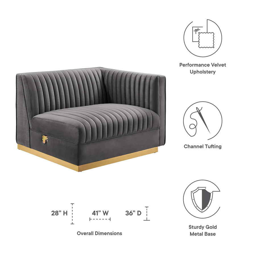 Soren Channel Tufted Performance Velvet Modular Sectional Sofa Right-Arm Chair in Gray