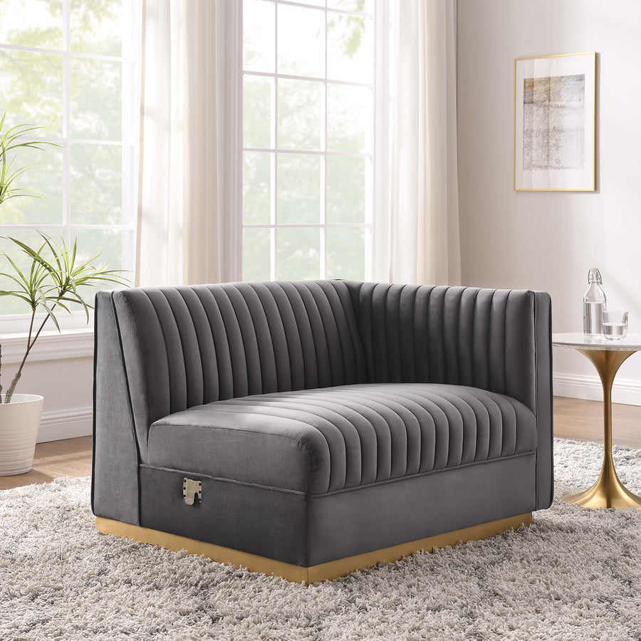 Soren Channel Tufted Performance Velvet Modular Sectional Sofa Right-Arm Chair in Gray