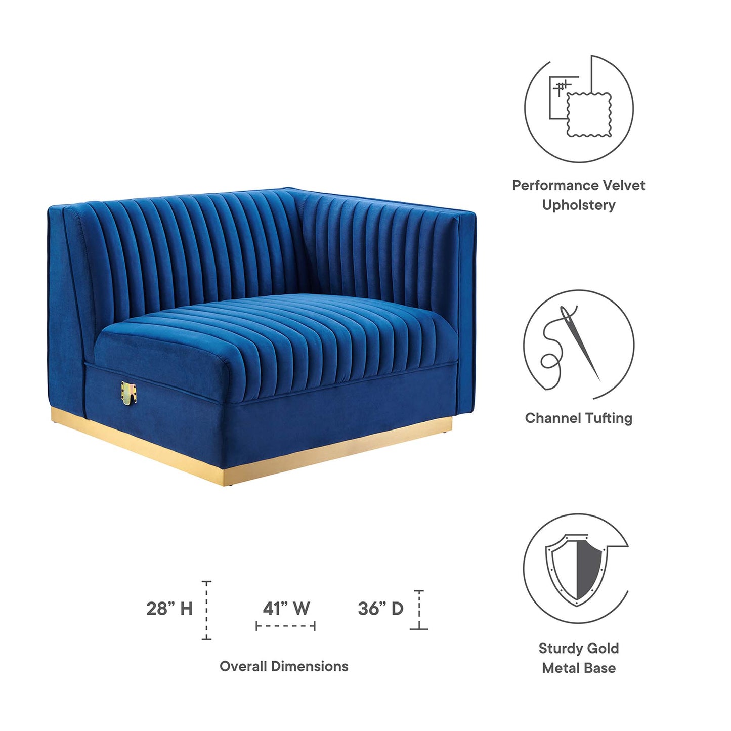 Sanguine Channel Tufted Performance Velvet Modular Sectional Sofa Right-Arm Chair by Furniture for America