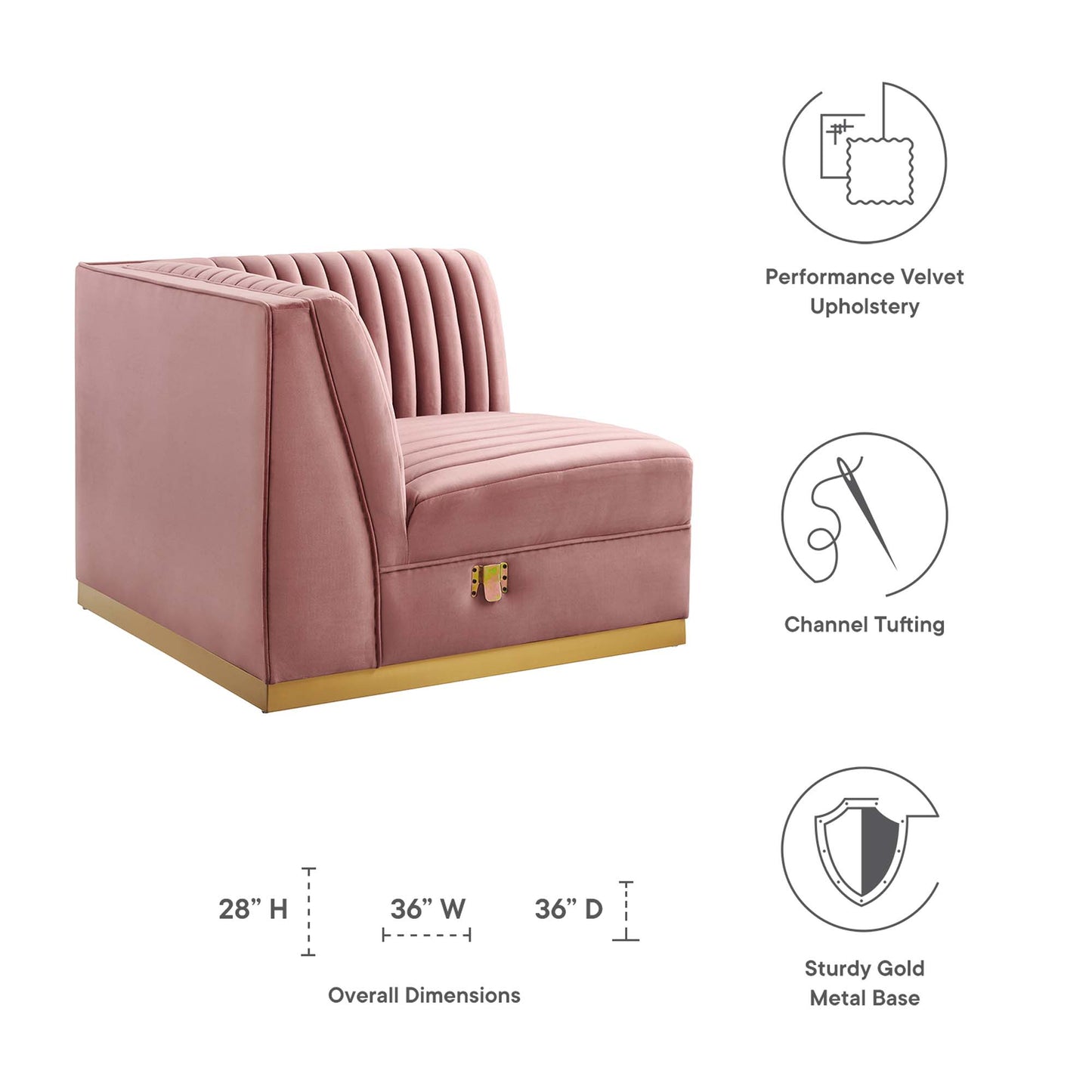 Sanguine Channel Tufted Performance Velvet Modular Sectional Sofa Right Corner Chair by Furniture for America