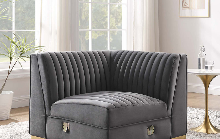 Soren Channel Tufted Performance Velvet Modular Sectional Sofa Right Corner Chair in Gray