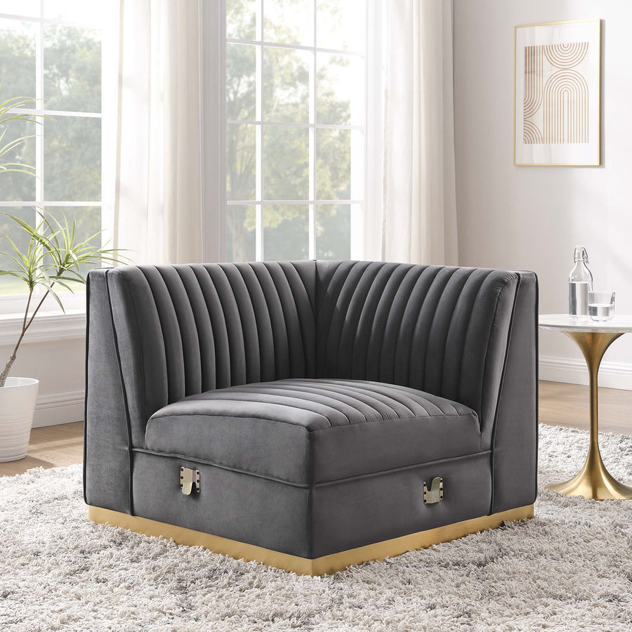 Soren Channel Tufted Performance Velvet Modular Sectional Sofa Right Corner Chair in Gray