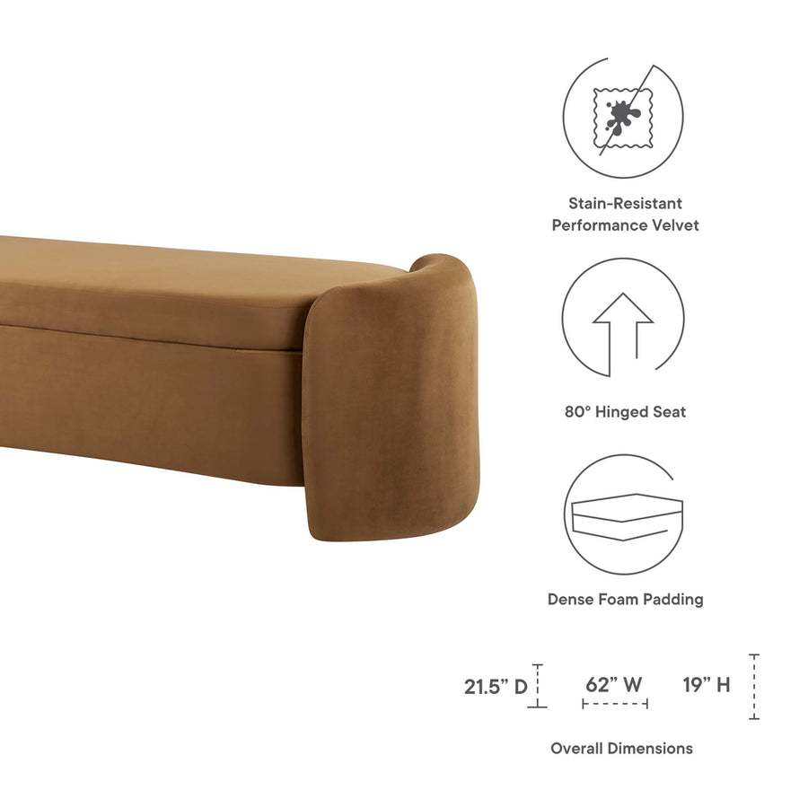 Brocade Upholstered Performance Velvet Bench in Cognac
