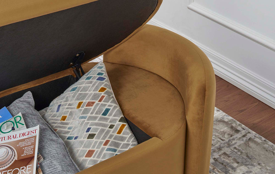 Brocade Upholstered Performance Velvet Bench in Cognac