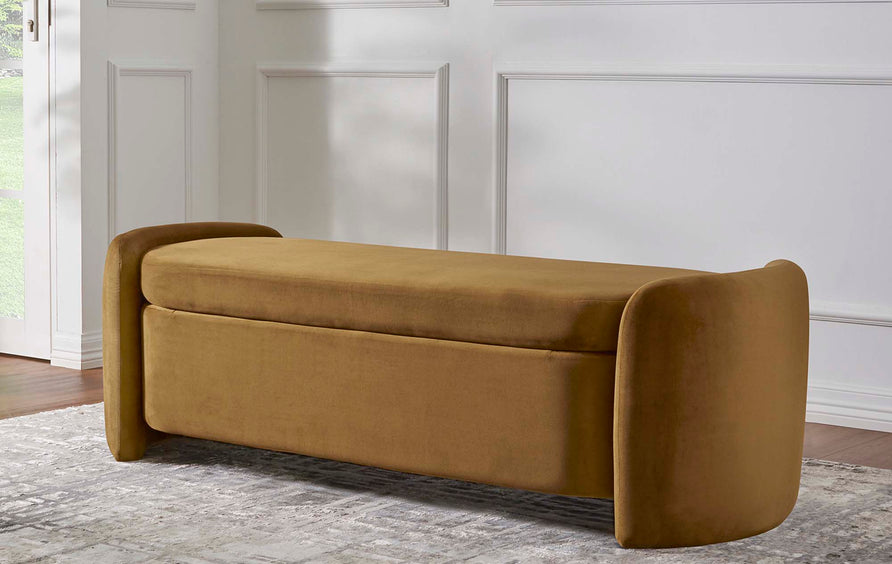 Brocade Upholstered Performance Velvet Bench in Cognac