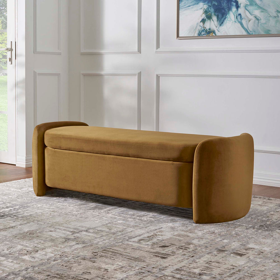 Brocade Upholstered Performance Velvet Bench in Cognac