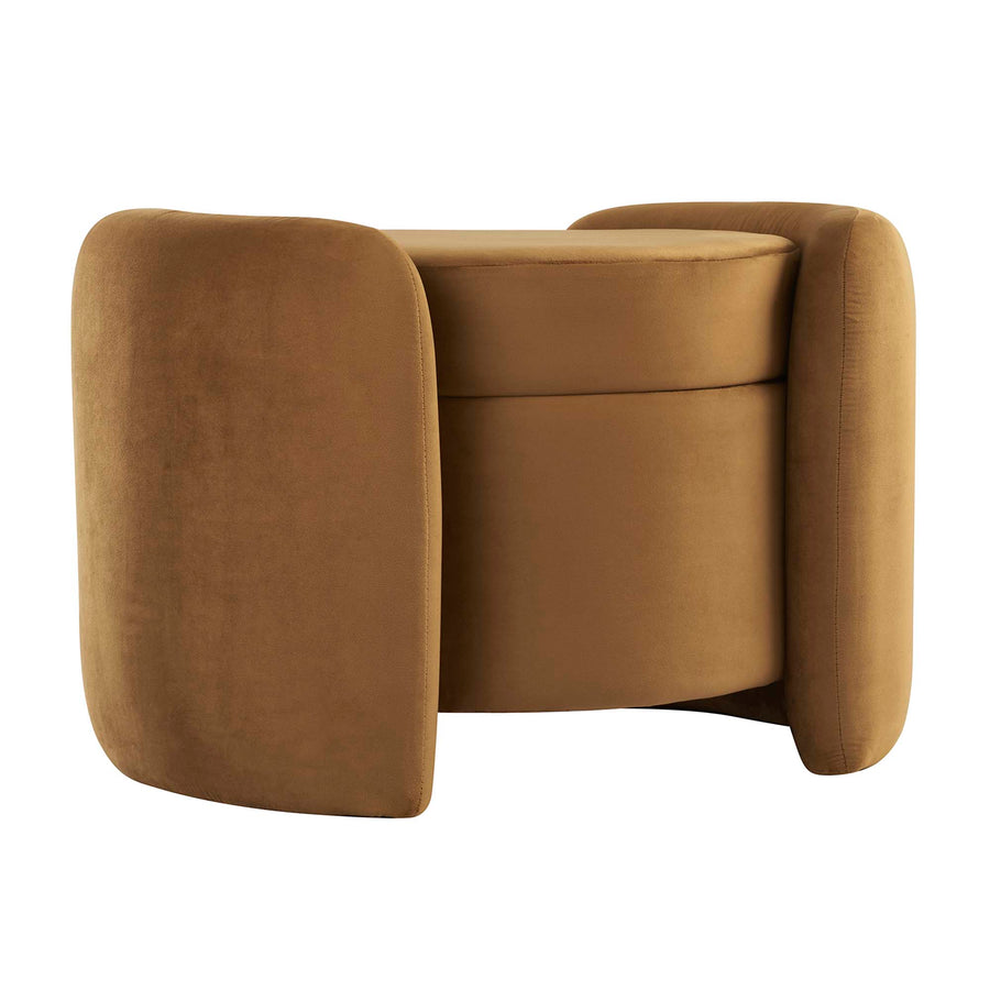 Brocade Upholstered Performance Velvet Ottoman in Cognac
