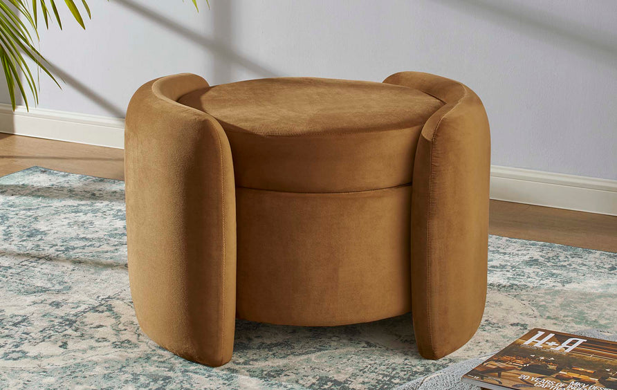 Brocade Upholstered Performance Velvet Ottoman in Cognac