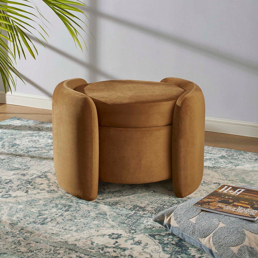 Brocade Upholstered Performance Velvet Ottoman in Cognac