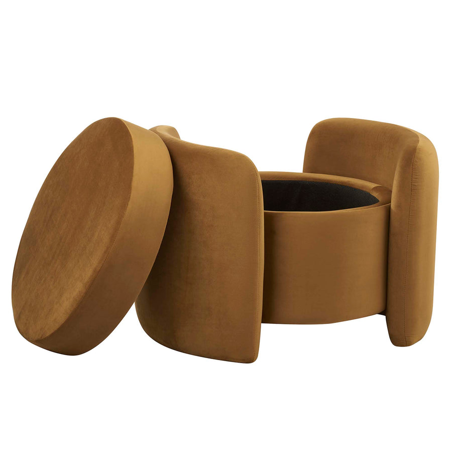 Brocade Upholstered Performance Velvet Ottoman in Cognac